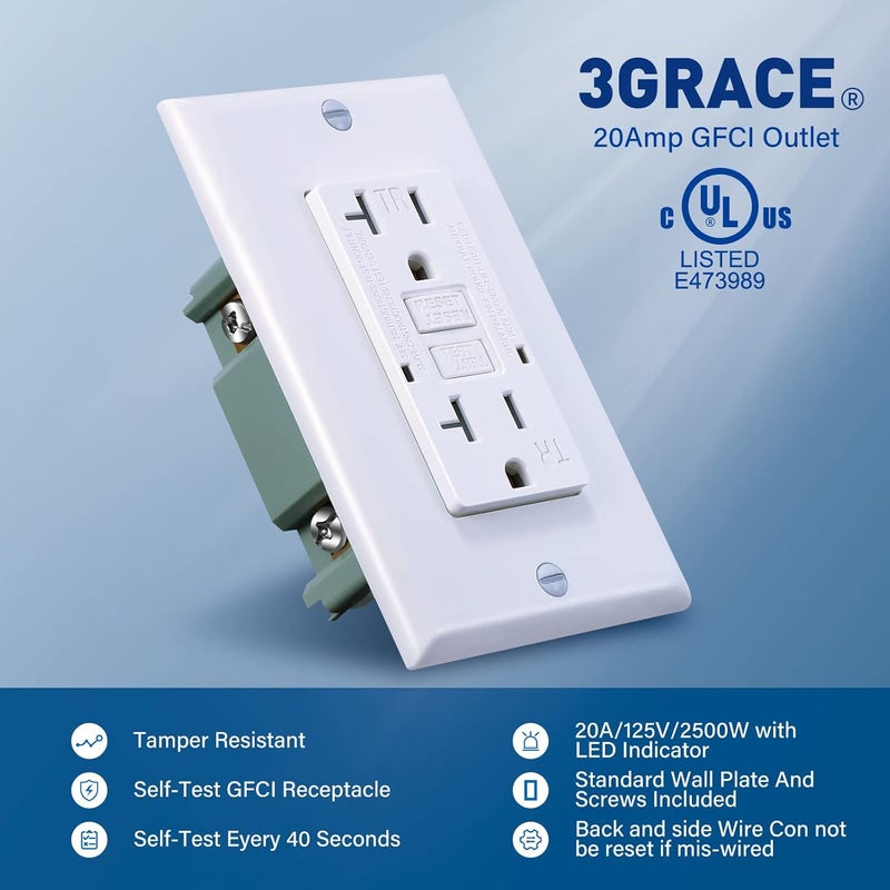 3GRACE 20 Amp GFCI Outlet, Tamper-Resistant GFI Receptacle with LED Indicator, Self-Test Ground Fault Circuit Interrupter, Decorator Wall Plates and Screws Included, UL Listed, White（10 Pack） - Image 2